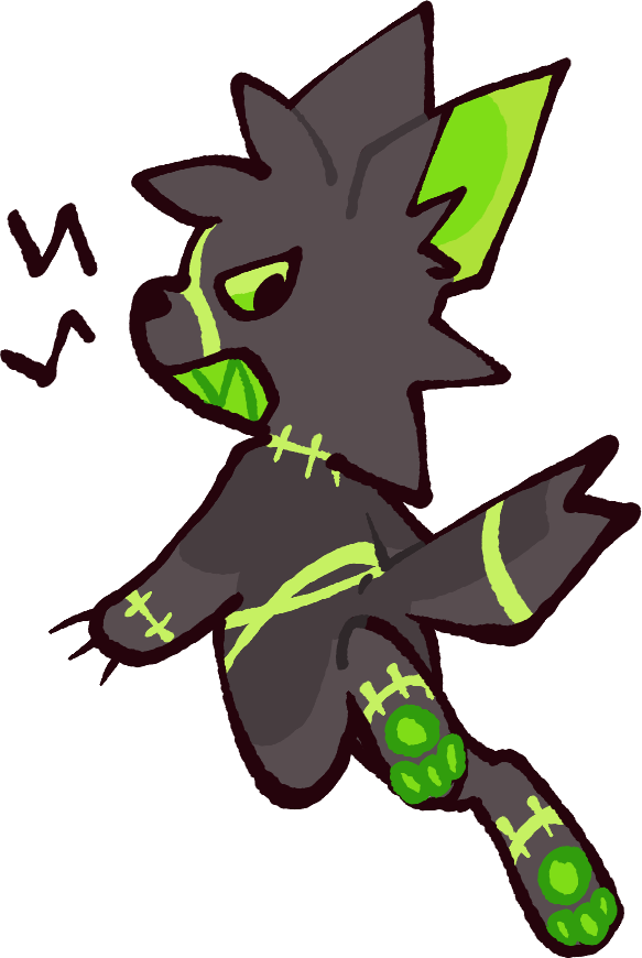 a green and grey wolf with his back to the viewer! he is drawn in a chibi, simplified style and is portrayed with a cartoonish snarl.